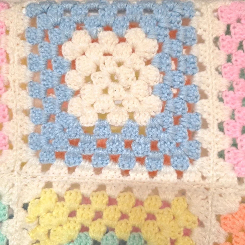 Handmade Bright Multi Color Crochet Granny Square Baby‎ Blanket Fringed Afghan